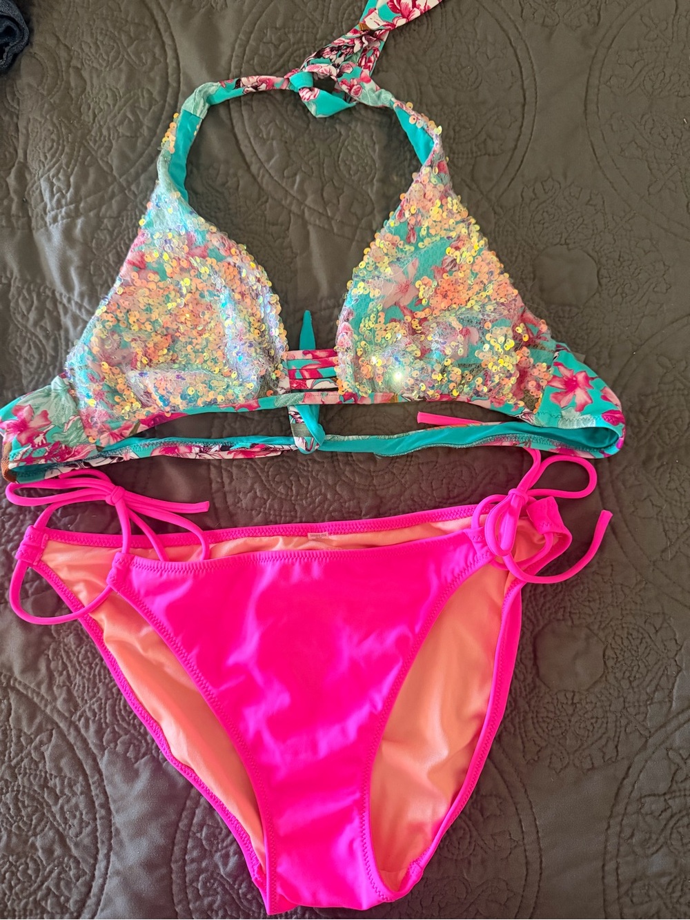 Girls' Pink Sequin Floral Two-Piece Swim Set